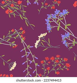 Wild plants seamless pattern. Floral ornament in simple style. Hand drawn vector illustration. Bright abstract botanical design..
