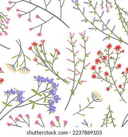 Wild plants seamless pattern. Floral ornament in simple style. Hand drawn vector illustration. Abstract gentle botanical design..