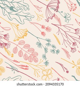 Wild plants seamless pattern. Hand drawn vector illustration. Floral ornament in retro style. Vintage botanical design for textile, wallpaper, background, decor.