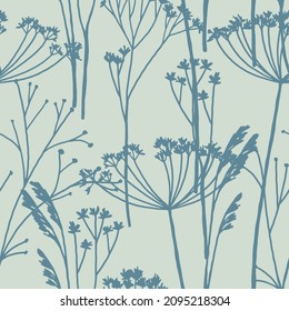 Wild plants seamless pattern. Hand drawn vector illustration. Floral ornament in retro style. Vintage botanical design for textile, wallpaper, background, decor.