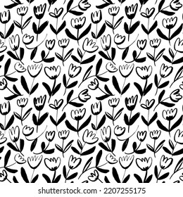 Wild plants vector seamless pattern. Abstract tulip motif. Hand drawn abstract floral organic shapes in naive style. Scandinavian and folk design. Black paint illustration with stems and leaves. 