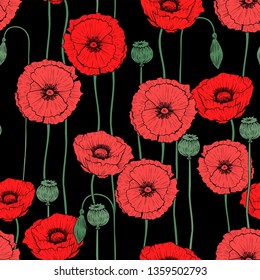 Wild poppies seamless pattern, vector
