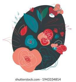 Wild poppy flowers meadow bouquet for any decorations. Trendy abstract floral summer and spring seasonal illustration. Beautiful wedding and holiday design. Romantic vignette with dark spot