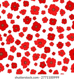 Wild poppy flowers seamless pattern. Meadow papaver floral background for textile, fabric or wallpaper print. Repeatable botanical texture with blossoms. Vector flat illustration.