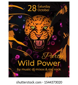 Wild Power Party slogan Poster with Amur Leopard face. Vector illustration