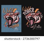Wild power t shirt design. Tiger and leopard face set design. Wild and free artwork.