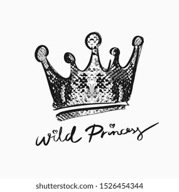 wild princess slogan with hand drawn crown on snake skin