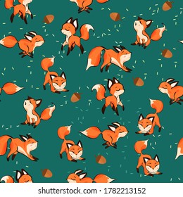 Wild print. FOX seamless pattern  design. Fashion vector illustration with fox. Illustration for fabric, clother. - Vector.