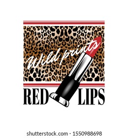 Wild prints red lips. Vector hand drawn illustration of pomade with animalistic background isolated. Creative  artwork. Template for card, poster, banner, print for t-shirt, pin, badge, patch.