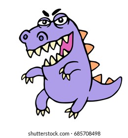 Wild purple cartoon dragon. Vector illustration. Cute imaginary animal character.