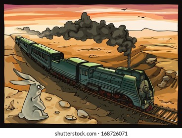 The wild rabbit is looking at the moving train with a steam locomotive in a desert. The rabbit is placed on a separate layer in the original vector EPS file v10.
