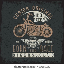 wild racer grunge vintage print with motorcycle, wings and skull