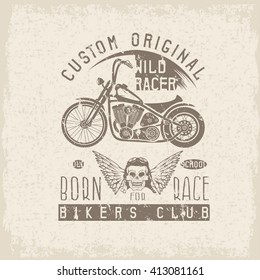 wild racer grunge vintage print with motorcycle, wings and skull