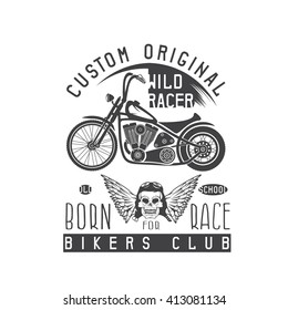 wild racer vintage print with motorcycle, wings and skull