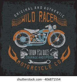 wild racer vintage print with motorcycle,wings and skulls