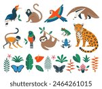 Wild rainforest animals, birds, flowers and leaves