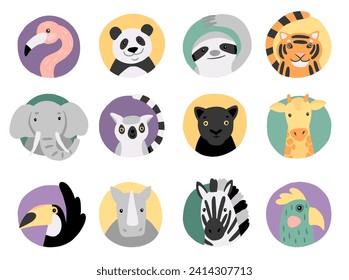 Wild rainforest animals. Vector illustrations of tropical animals - flamingo, elephant, sloth, panda, tiger, lemur, giraffe, zebra. Hand-drawn cartoon icons.