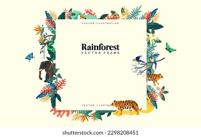 A wild rainforest decorative frame with animals and botanical plants. Vector illustration layout