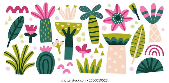 Wild rainforest exotic trees and flowers, jungle tropical plants set in hand drawn childish style. Hawaiian beach or woodland creative graphic colorful vegetation design elements vector illustration