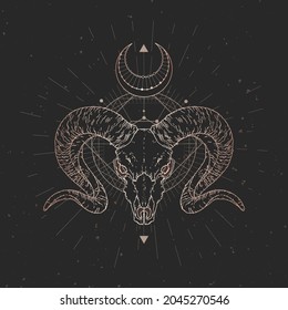 Wild ram skull and Sacred geometric symbol on black vintage background. Abstract mystic sign. Gold linear shape. 