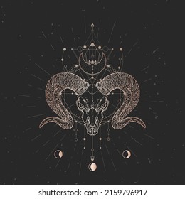 Wild ram skull and Sacred geometric symbol on black vintage background. Abstract mystic sign. Gold linear shape.
