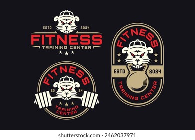 wild rat with barbell and kettlebell logo design for fitness, gym, bodybuilding, weightlifting club