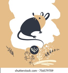 Wild rat.Concept image of symbol chinese happy new year 2020 on light background.Freehand drawn silhouette small mouse.Lunar horoscope sign.Vector sketch illustration.