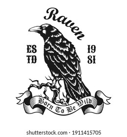 Wild raven emblem design. Monochrome element with crow on tree branch vector illustration with text. Horror concept for symbols and labels templates