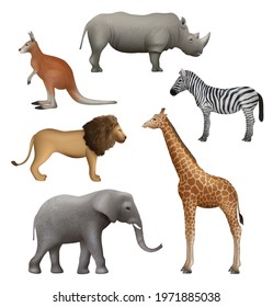 Wild realistic animals. Elephant kangaroo lion zebra rhinoceros african safari collection decent vector illustration