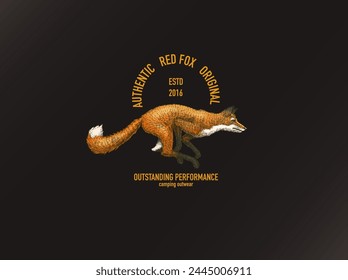 Wild Red Fox Logo oder Emblem. Forest Ginger Tier fliegen und springen. Vektorgrafik Graviert handgezeichnete Abzeichen. Klassische Skizze für Etikett oder Poster.