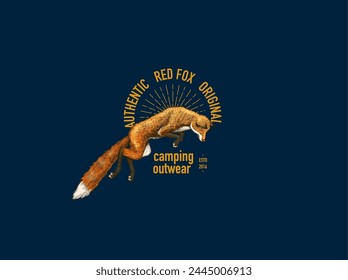 Wild Red Fox Logo oder Emblem. Forest Ginger Tier fliegen und springen. Vektorgrafik Graviert handgezeichnete Abzeichen. Klassische Skizze für Etikett oder Poster.