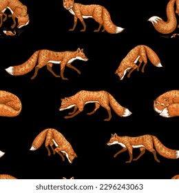 Wild red fox seamless pattern. Forest ginger animal flying and jumping. Vector Engraved hand drawn Vintage sketch for label or poster.