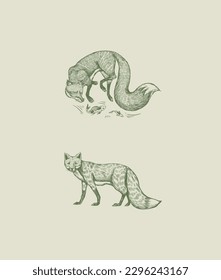 Wild red fox set. Forest ginger animal flying and jumping. Vector Engraved hand drawn Vintage sketch for label or poster.
