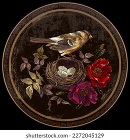 Wild red roses, bird and and bird nest with eggs. Embroidery style. Happy Easter. Template for design of clothes, tapestry. Spring garden art