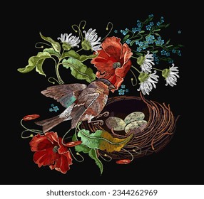 Wild red roses flowers, bird and and bird nest with eggs. Happy Easter. Spring garden art. Template for design of clothes, tapestry. Embroidery style