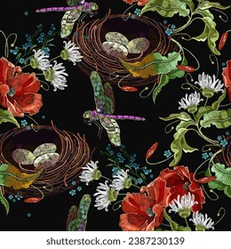 Wild red roses flowers, colorful dragonflies and and bird nest with eggs. Seamless pattern. Fashion template for design of clothes, tapestry. Embroidery style. Spring garden art