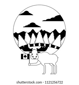 wild reindeer animal with flag canadian and landscape