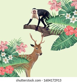 wild reindeer and monkey with tropical foliage vector illustration design
