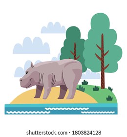 wild rhino animal in the landscape nature scene vector illustration design