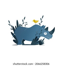 Wild Rhino Animal with Little Bird Sitting on His Back Standing Among Flora Vector Illustration. Horned African Mammal in Exotic Foliage Concept