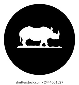 A wild rhino symbol in the center. Isolated white symbol in black circle. Vector illustration on white background
