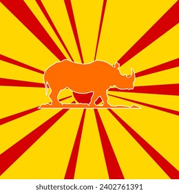 Wild rhino symbol on a background of red flash explosion radial lines. The large orange symbol is located in the center of the sun, symbolizing the sunrise. Vector illustration on yellow background