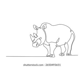 Wild rhinoceros in single outline illustration. Continuous line art drawing of rhino animal.