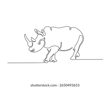 Wild rhinoceros in single outline illustration. Continuous line art drawing of rhino animal.