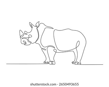 Wild rhinoceros in single outline illustration. Continuous line art drawing of rhino animal.