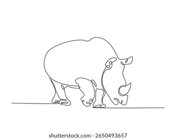 Wild rhinoceros in single outline illustration. Continuous line art drawing of rhino animal.