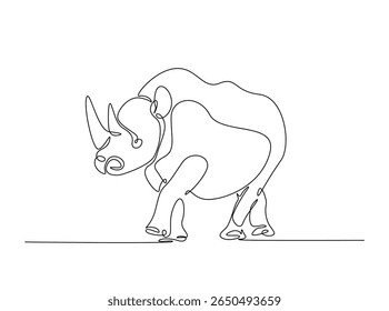 Wild rhinoceros in single outline illustration. Continuous line art drawing of rhino animal.