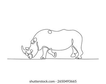 Wild rhinoceros in single outline illustration. Continuous line art drawing of rhino animal.