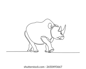 Wild rhinoceros in single outline illustration. Continuous line art drawing of rhino animal.