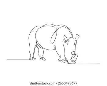 Wild rhinoceros in single outline illustration. Continuous line art drawing of rhino animal.